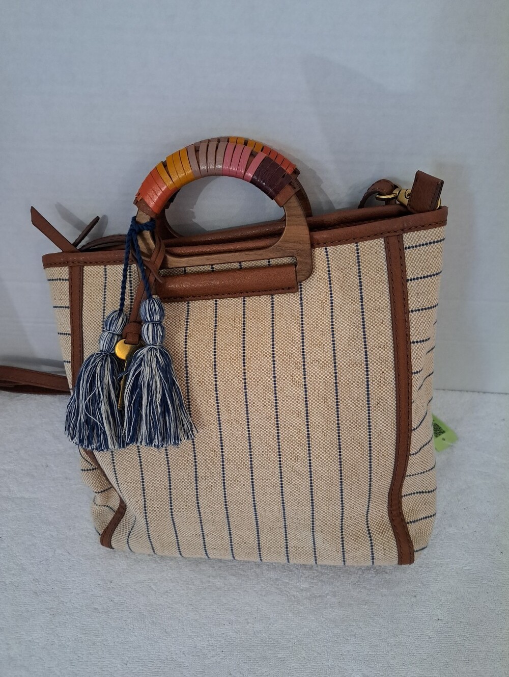 Fossil Beige Stripe Canvas Shoulder Bag with Multicolor Wrapped Handle